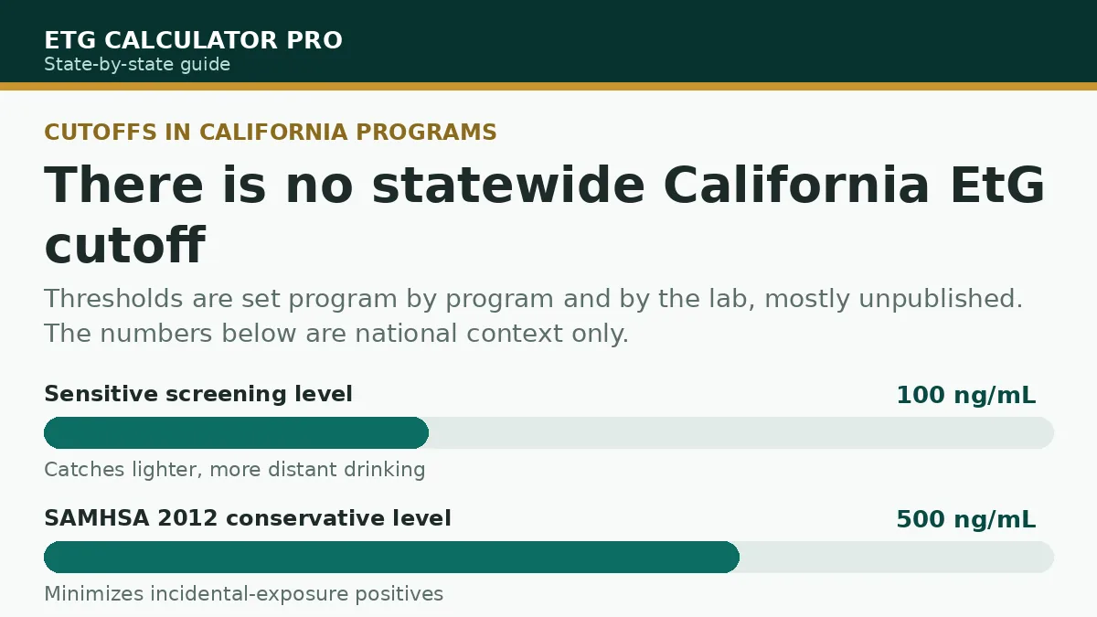 Graphic showing there is no statewide California EtG cutoff, with 100 and 500 ng/mL shown only as national screening context