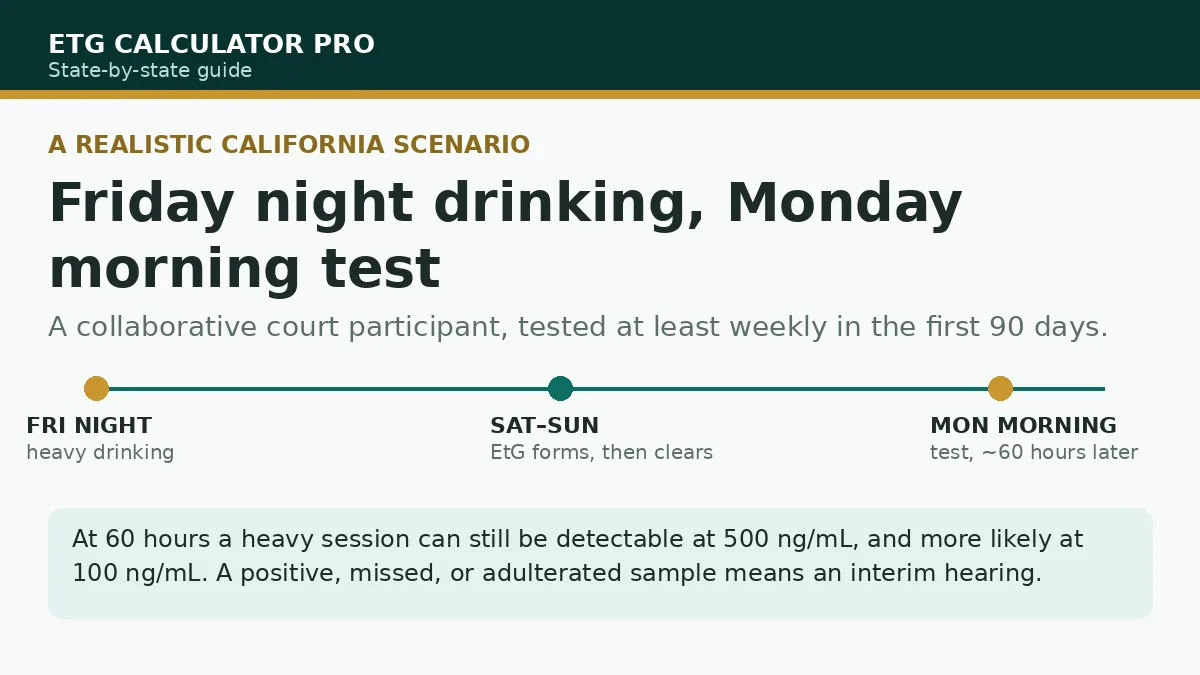 Scenario illustration: a California collaborative court participant timeline from Friday night drinking to a Monday morning test inside the 80-hour detection window