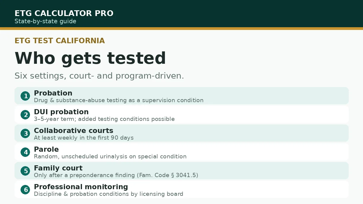 Illustration of who gets EtG tested in California: probation clients, DUI program participants, collaborative court participants, parolees, family court litigants, and monitored professionals
