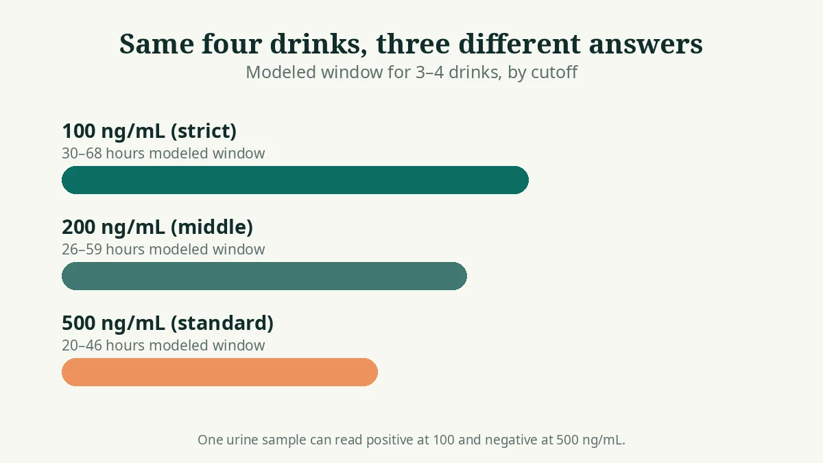 Bar chart comparing modeled EtG windows for four drinks at the 100, 200, and 500 ng/mL cutoffs