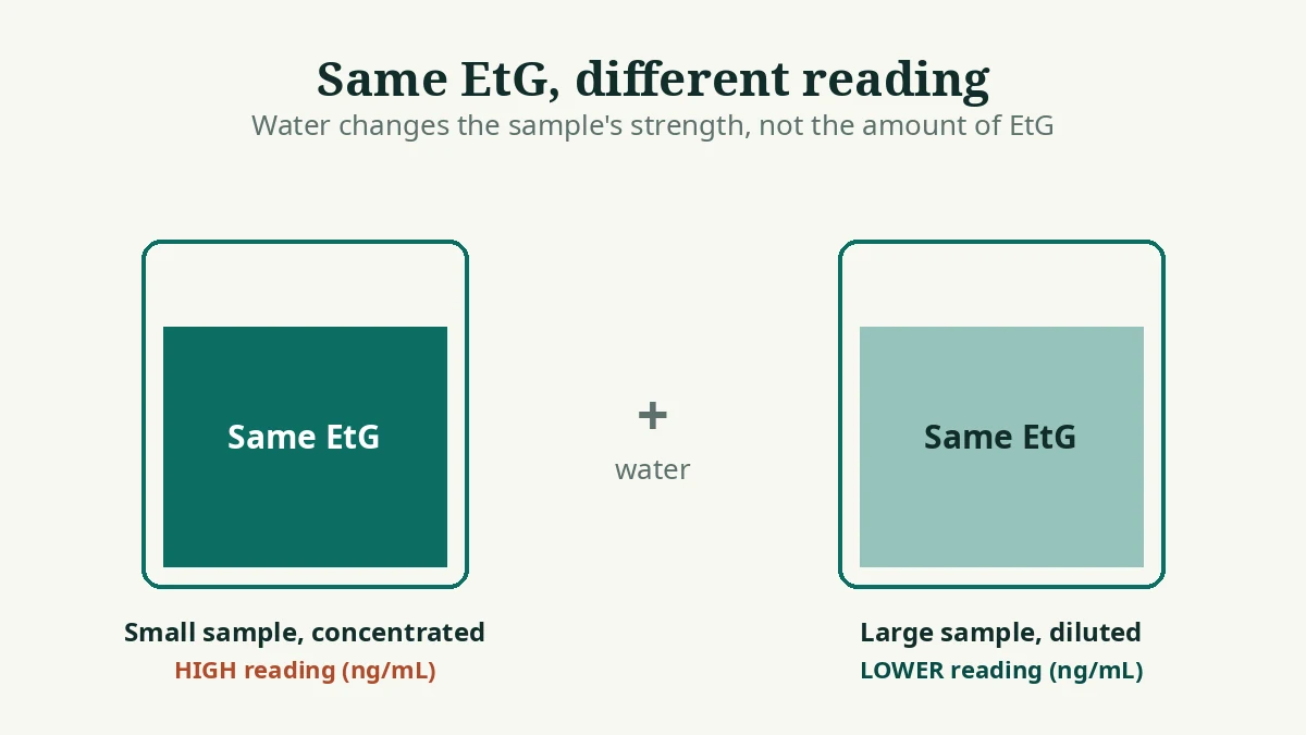 Same total amount of EtG in a small concentrated urine sample versus a large diluted sample, showing a lower concentration reading