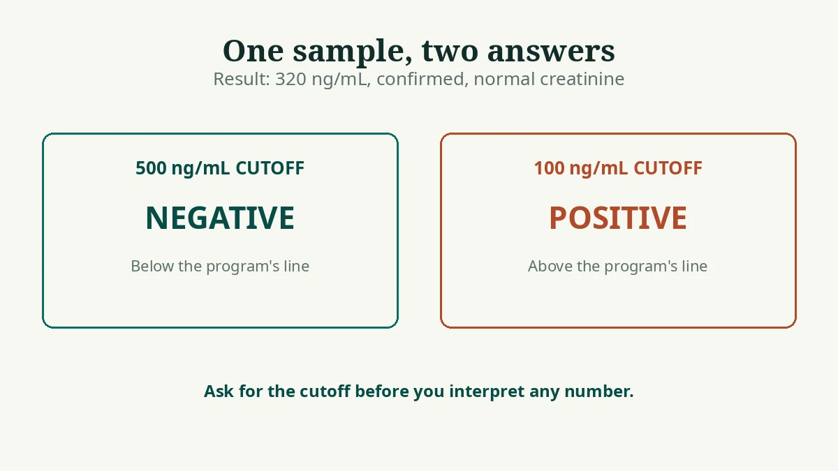 Diagram showing how one EtG result of 320 ng/mL is negative at a 500 cutoff and positive at a 100 cutoff