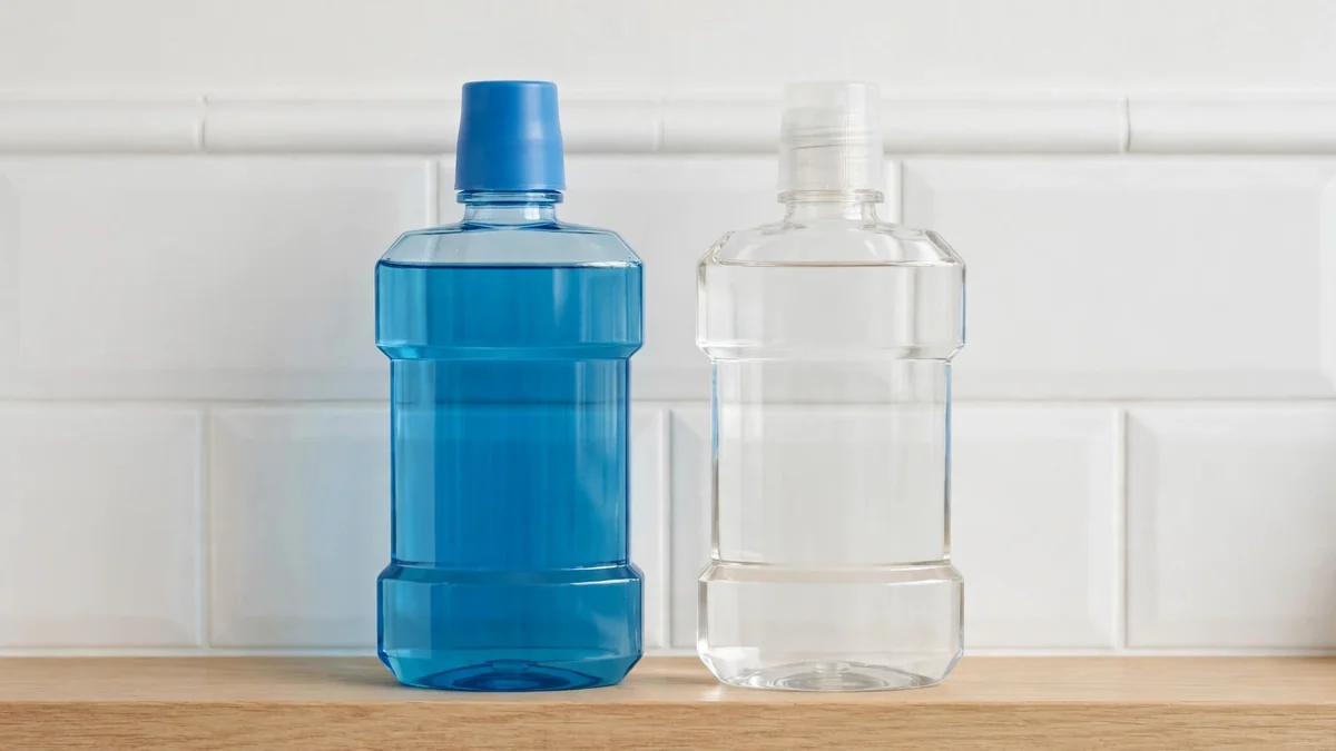 Alcohol-based vs alcohol-free mouthwash: only the alcohol-containing rinse can produce EtG, and the cutoff decides the result