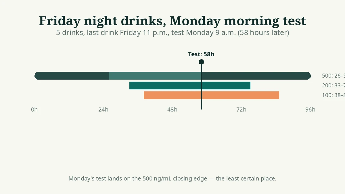 Timeline showing a Friday-night drinking session and a Monday test at 58 hours against all three EtG cutoffs