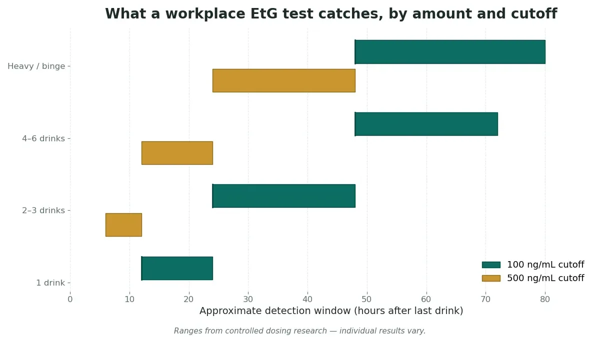 Chart of approximate EtG detection windows by amount consumed at the 100 ng/mL and 500 ng/mL workplace cutoffs