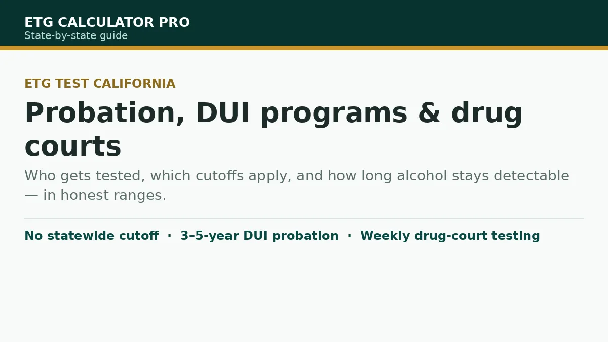 Featured graphic: EtG testing in California — DUI probation, drug courts, family court and parole, with a California sunshine motif