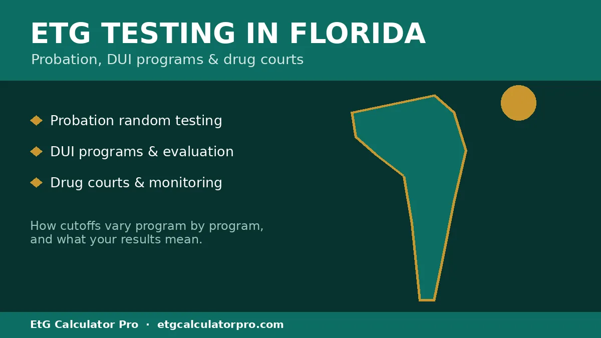 Featured graphic: ETG testing in Florida — probation, DUI programs and drug courts, with a Florida outline and sunshine motif