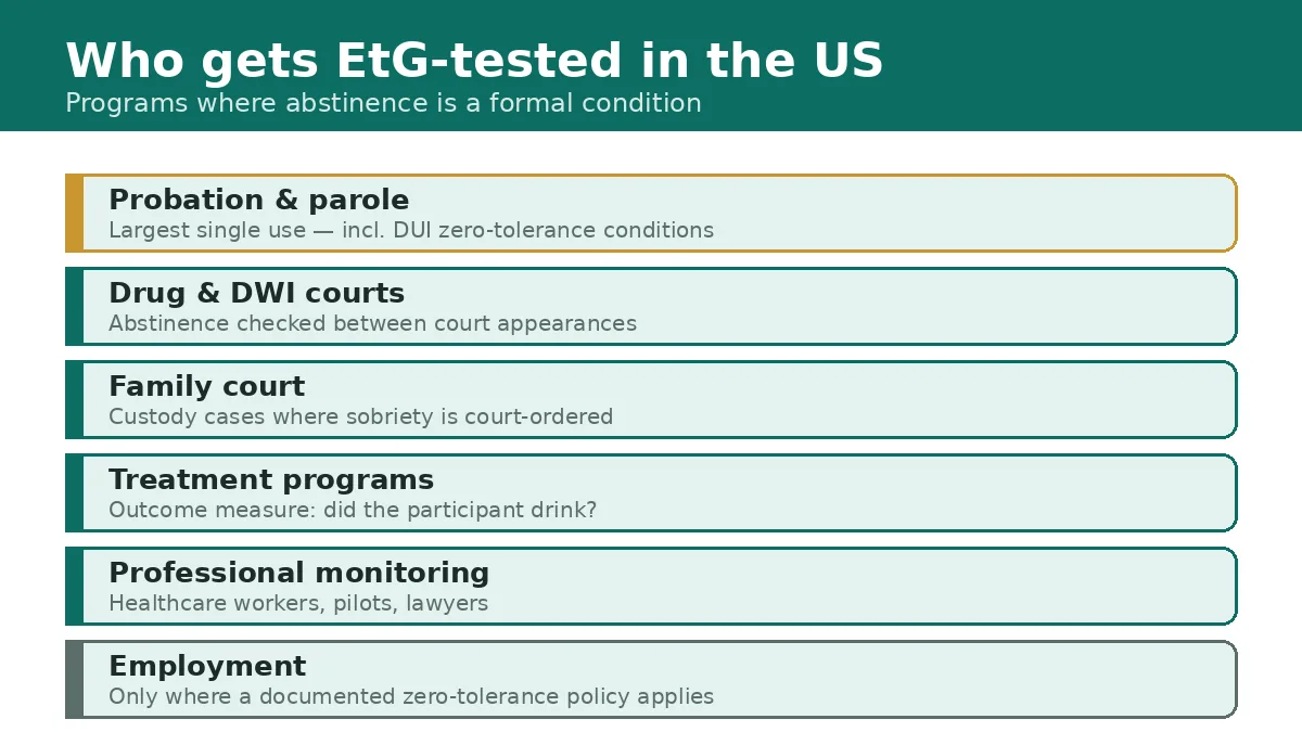 Six program settings where EtG testing is used: probation and parole, drug and DWI courts, family court, treatment programs, professional monitoring, employment abstinence policies