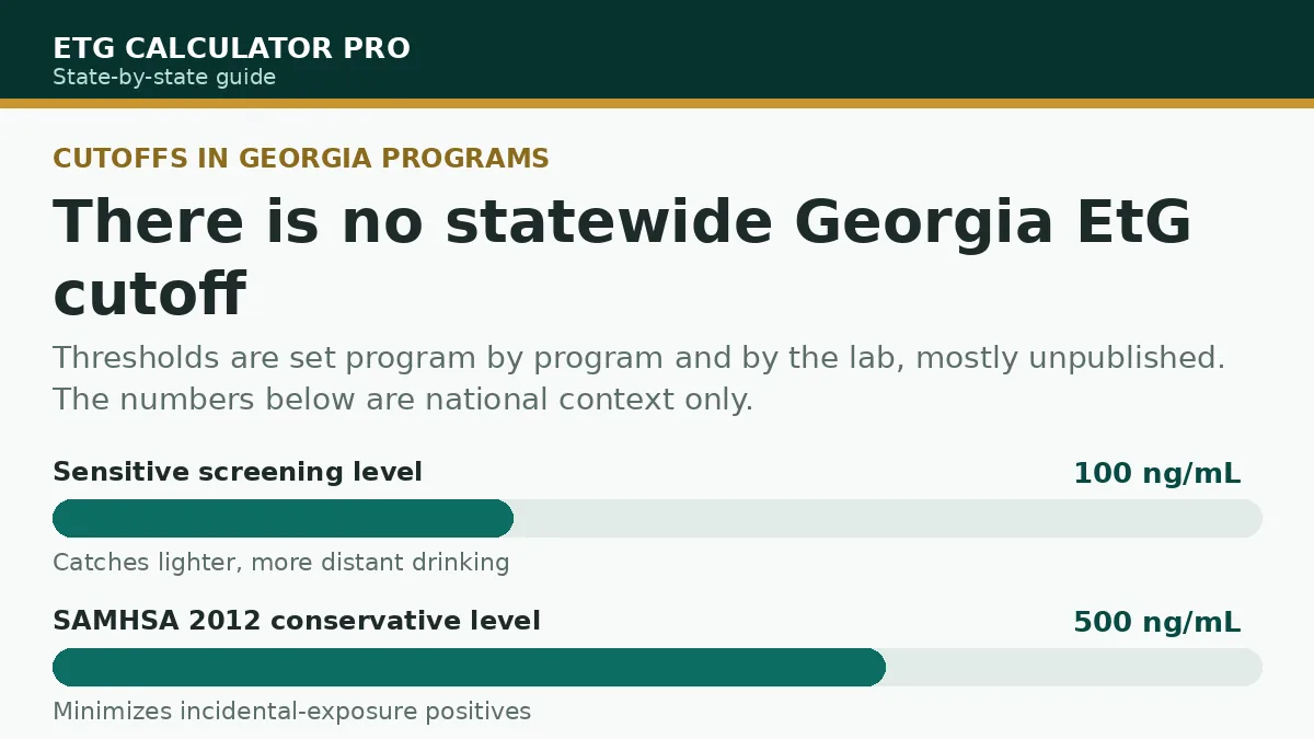 Graphic showing there is no statewide Georgia EtG cutoff, with 100 and 500 ng/mL shown only as national screening context