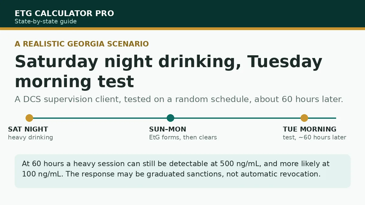 Scenario illustration: a Georgia supervision client timeline from Saturday night drinking to a Tuesday morning test inside the 80-hour detection window