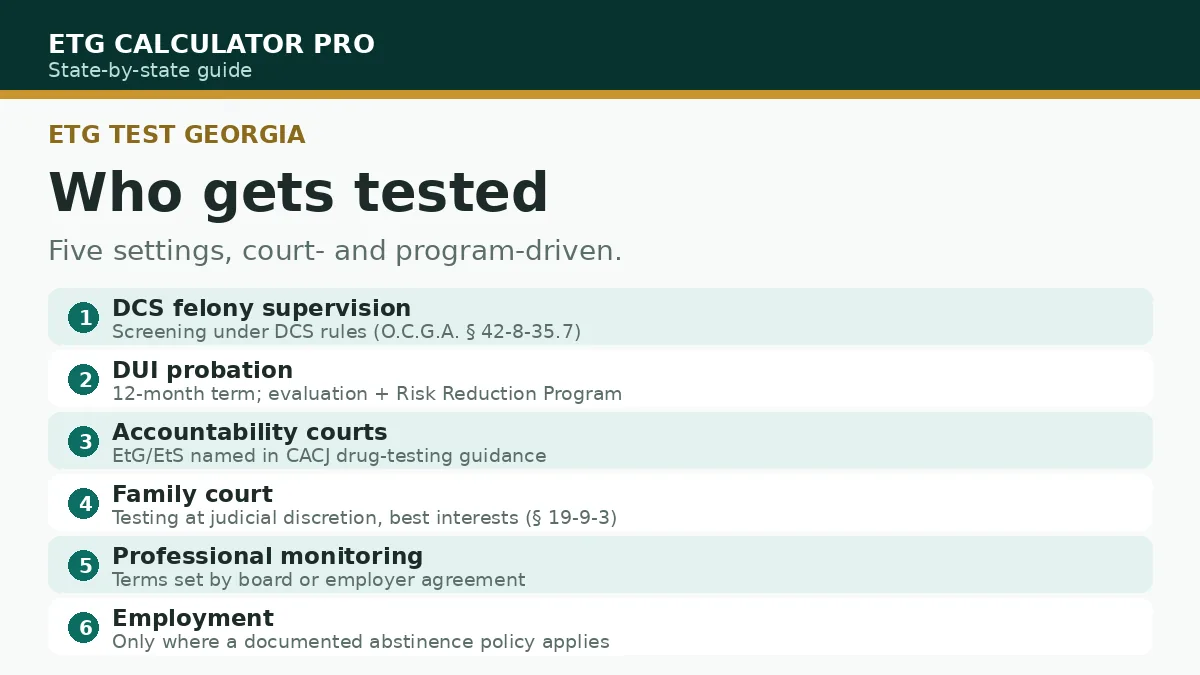 Illustration of who gets EtG tested in Georgia: DCS felony supervision clients, DUI probationers, accountability court participants, parents in custody cases, and monitored professionals