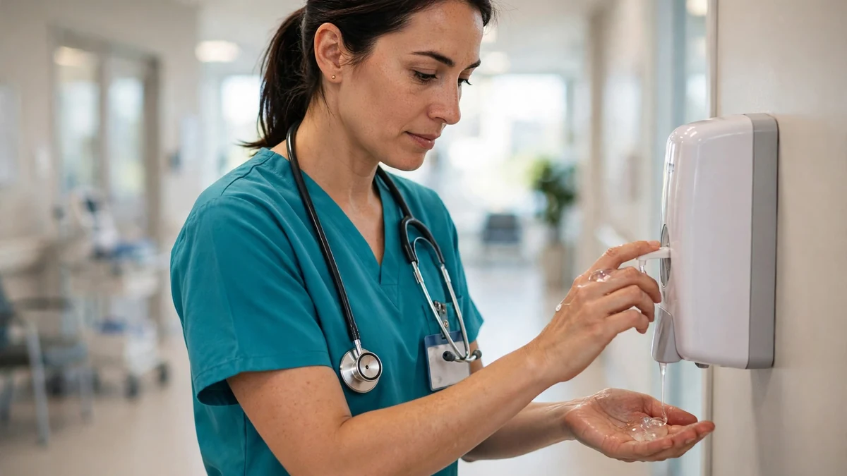 A nurse using hand sanitizer repeatedly during a hospital shift — the highest-risk pattern for EtG testing
