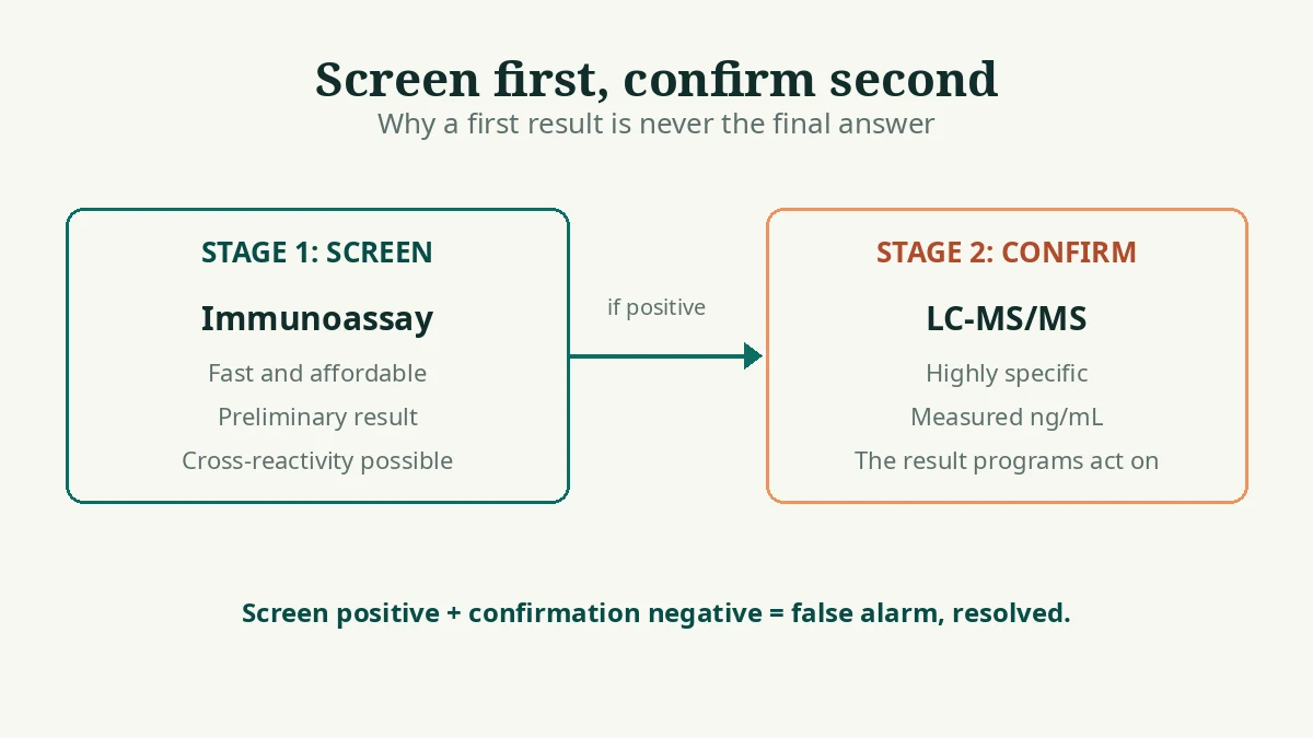 Diagram comparing an immunoassay screen with LC-MS/MS confirmation for EtG testing
