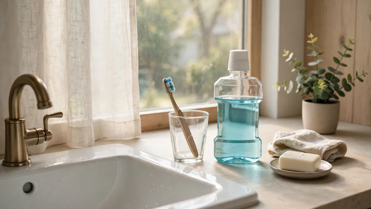 A normal morning routine with mouthwash by the bathroom sink — timing before a test matters more than the rinse itself