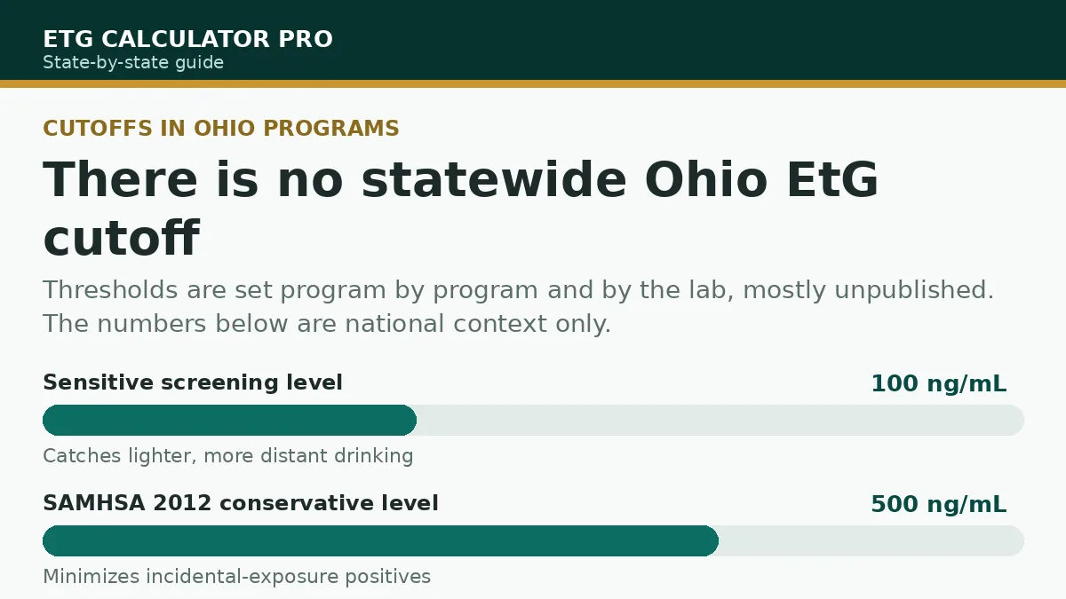 Graphic showing there is no statewide Ohio EtG cutoff, with 100 and 500 ng/mL shown only as national screening context