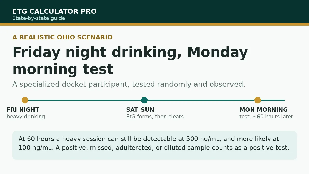 Scenario illustration: an Ohio specialized docket participant timeline from Friday night drinking to a Monday morning test inside the 80-hour detection window