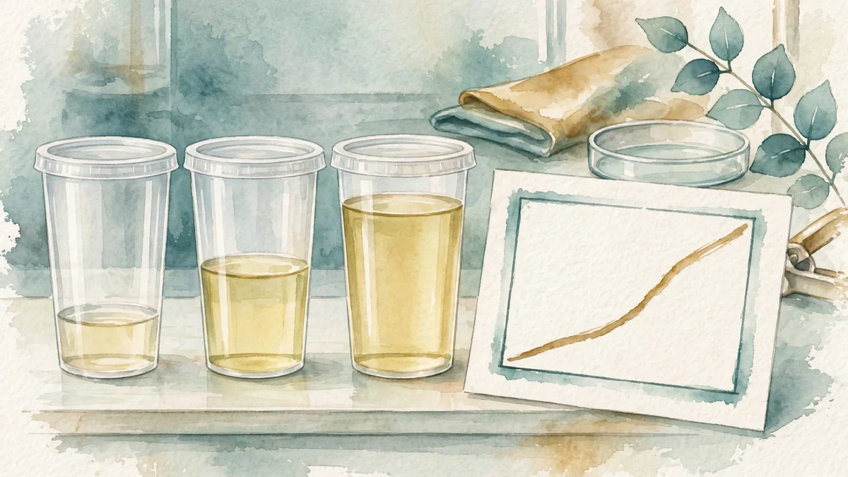 Three urine specimen cups with low, medium, and high levels beside a rising gauge chart illustrating EtG cutoff levels