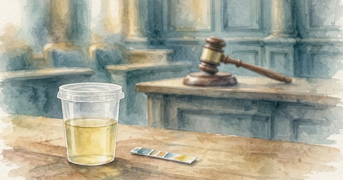 Urine specimen cup and test strip on a table with a blurred courtroom and gavel behind, illustrating EtG testing for probation