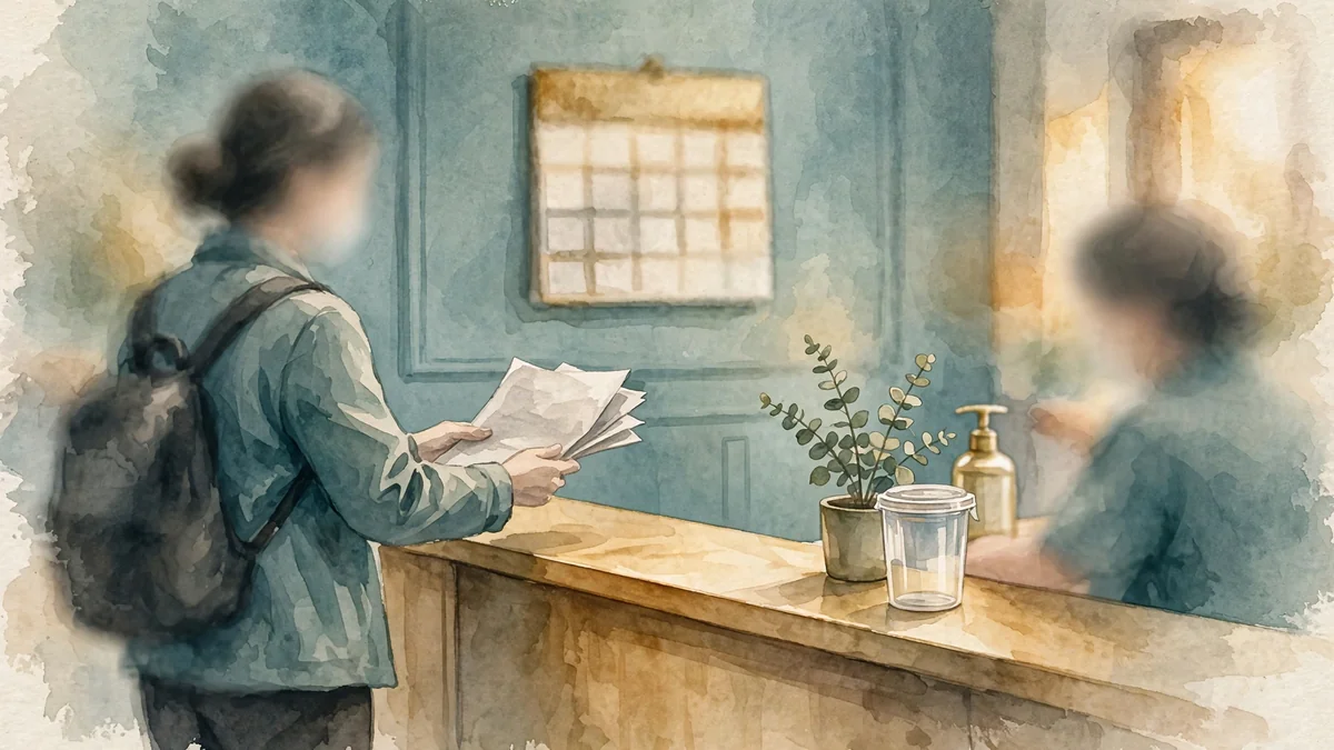 Checking in at a probation testing center reception desk with paperwork and a specimen cup on the counter