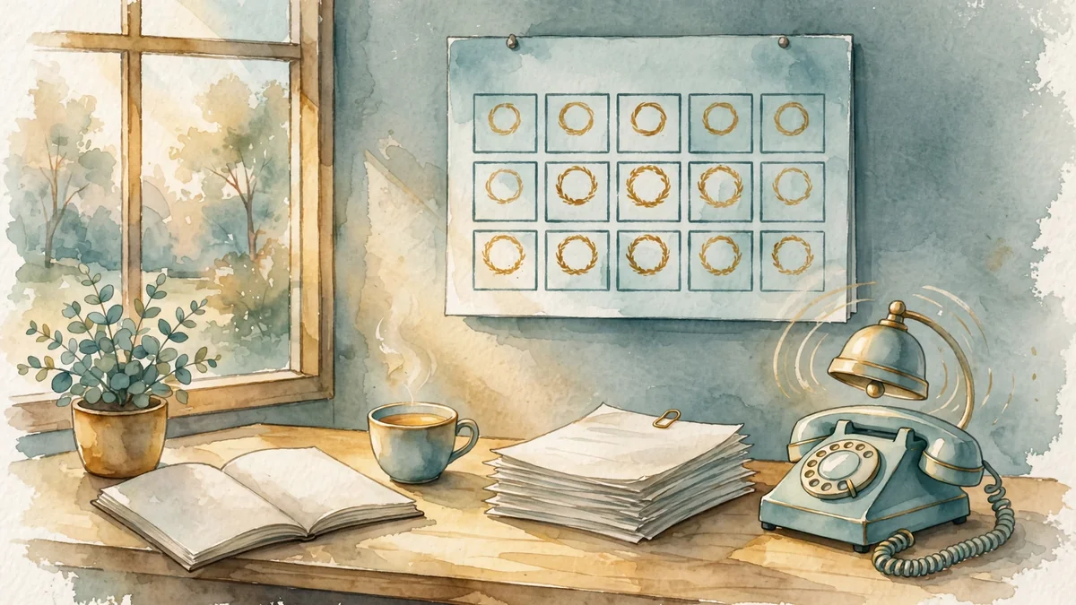 A desk calendar with circled test dates, a ringing telephone, and probation paperwork illustrating random testing schedules