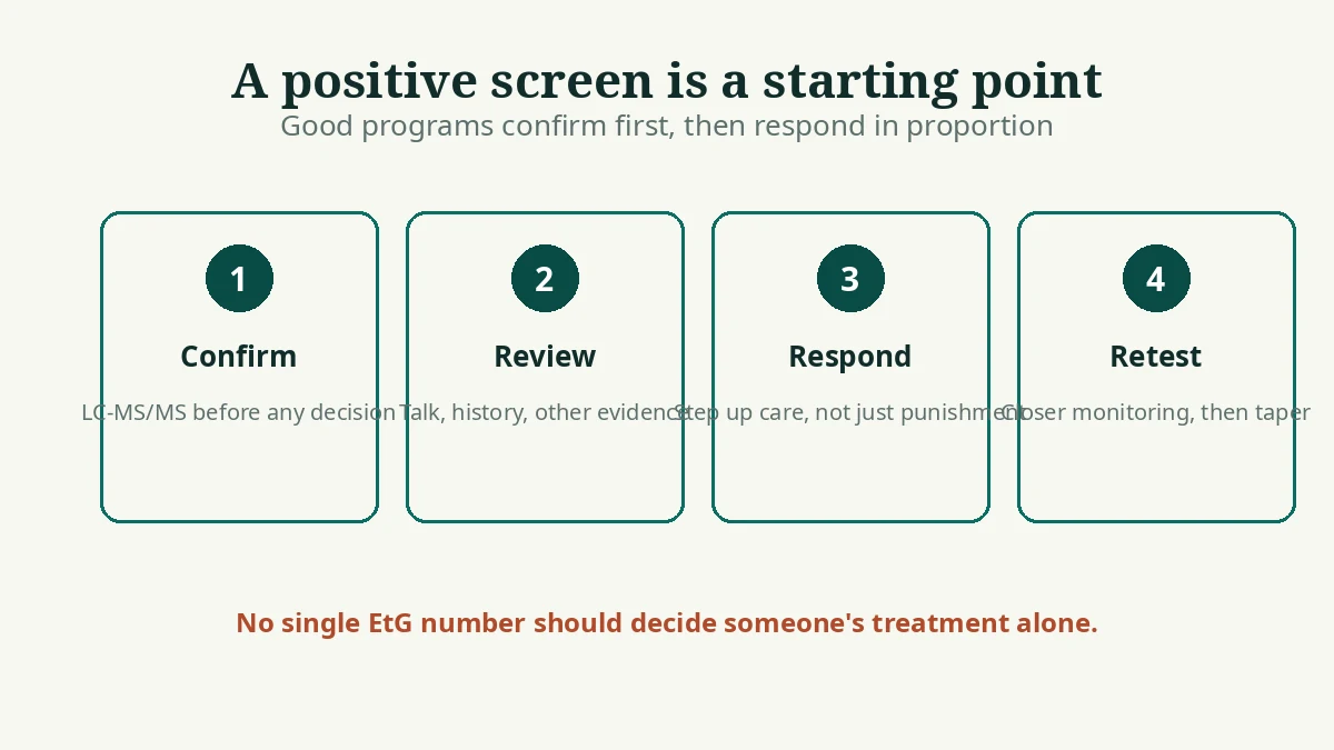 The four-step response good recovery programs follow after a positive EtG screen: confirm, review, respond in proportion, and retest with closer monitoring