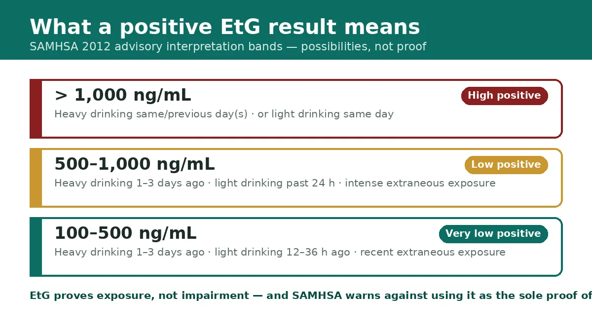 SAMHSA 2012 interpretation bands for positive EtG results: high above 1000, low 500 to 1000, very low 100 to 500 ng/mL
