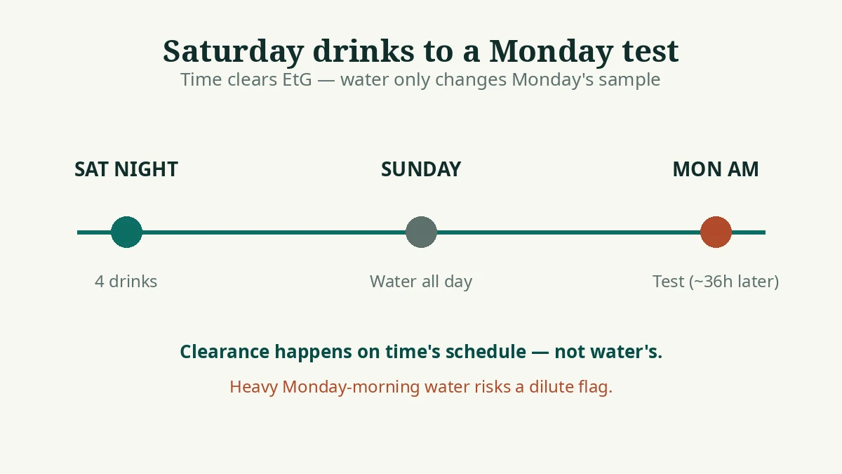 Timeline from Saturday night drinking to a Monday morning EtG test, showing clearance by time versus the dilution effect of drinking water