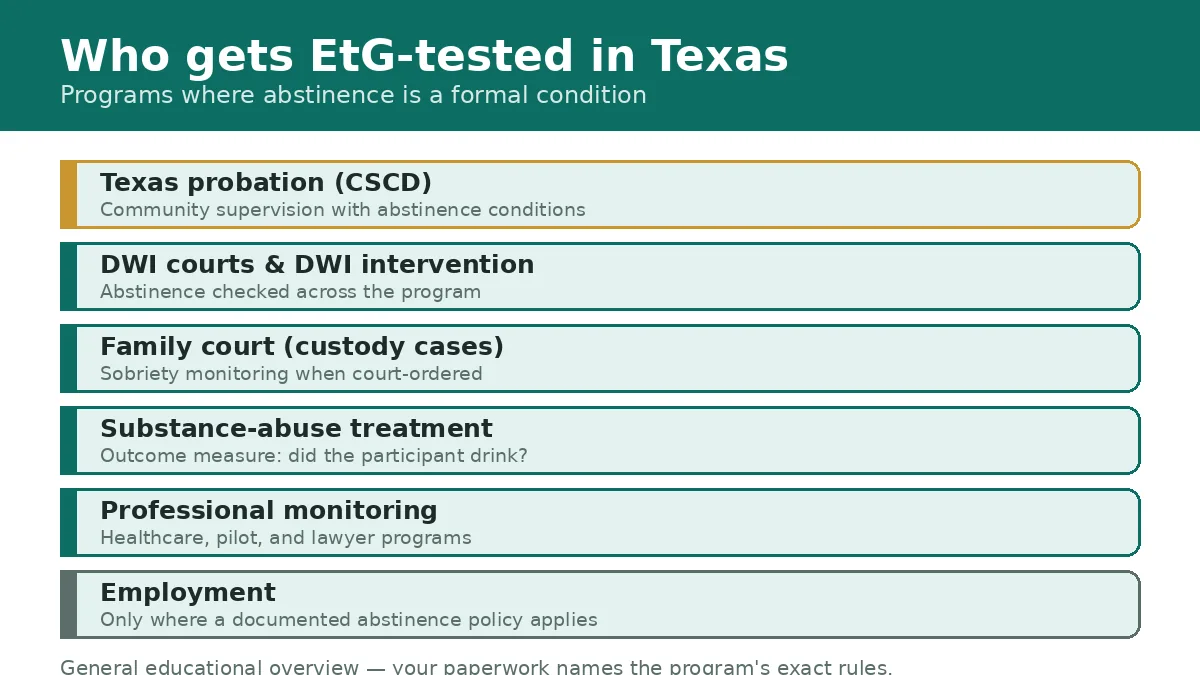 Illustration of who gets EtG tested in Texas: probation clients, DWI court participants, custody cases, treatment and professional monitoring programs